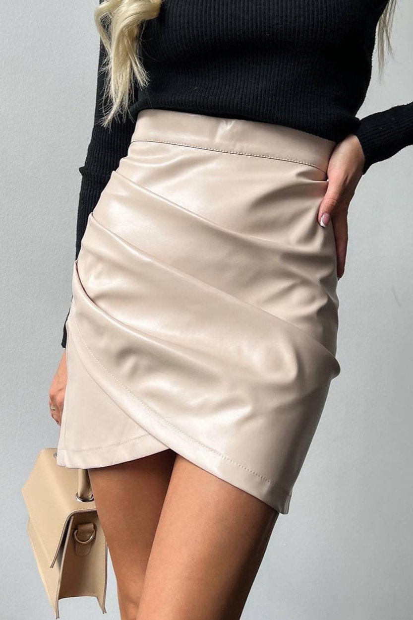 Faux läder wrap ruched hög midja minikjol