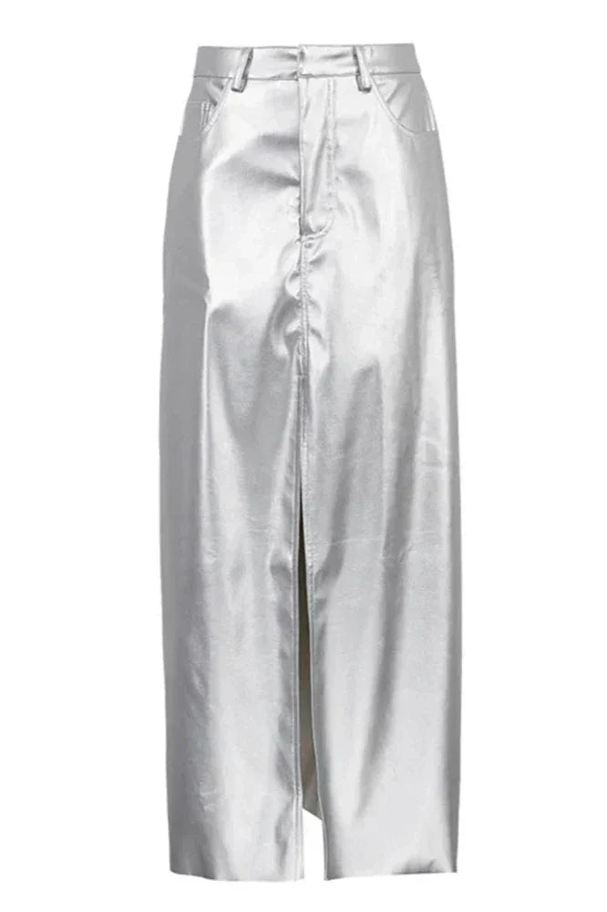 Silver hög midja penna maxi kjol