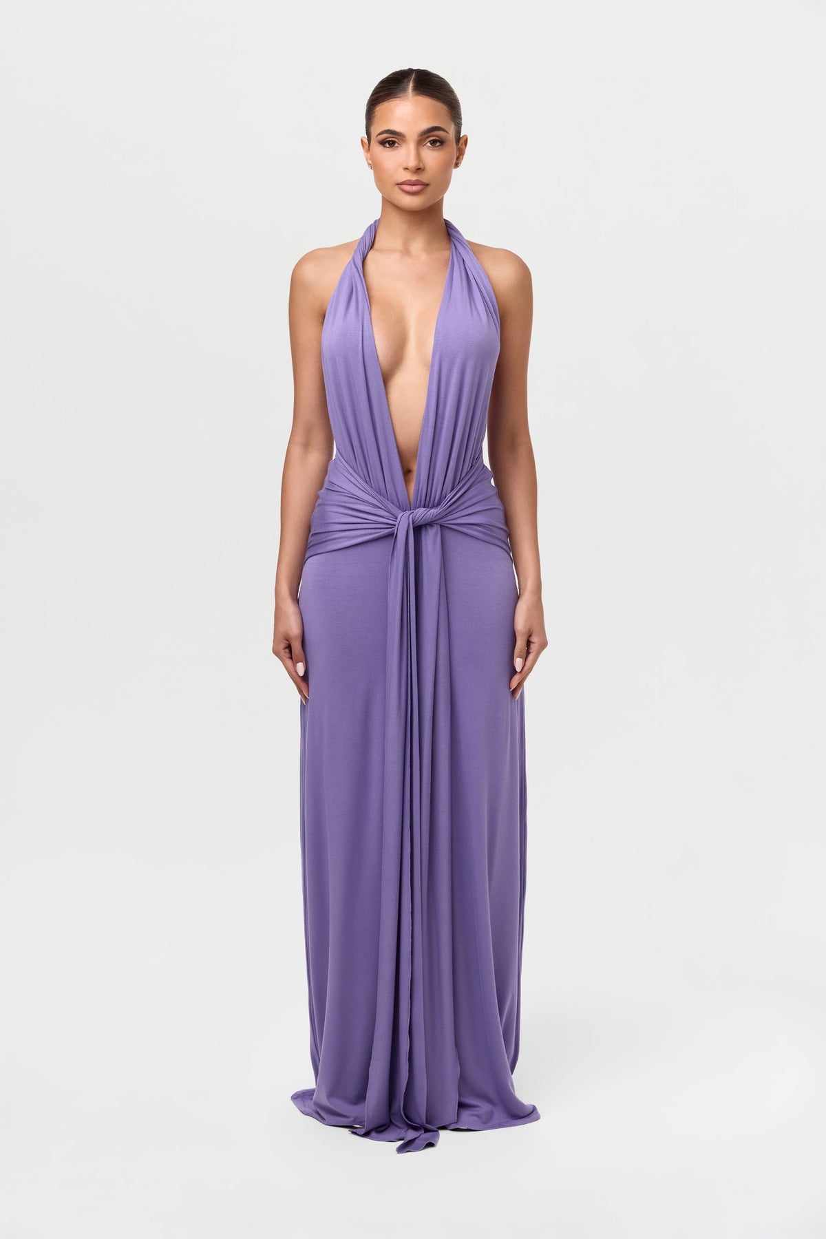Smooth Halter Plunge Drape Tie Dress