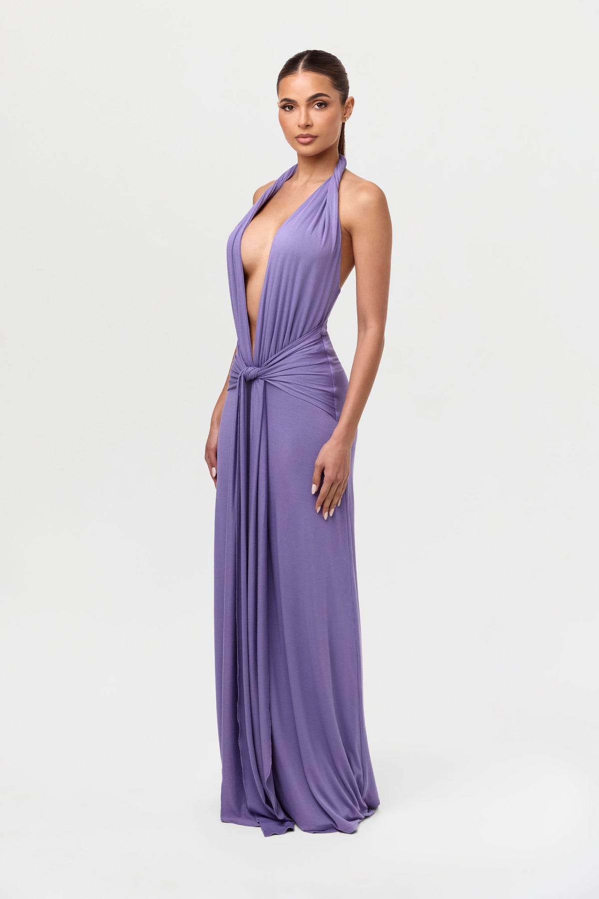 Smooth Halter Plunge Drape Tie Dress
